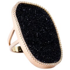 Karolin Black Druzy Agate Diamond Pave Cocktail Ring with 18 Karat Rose Gold