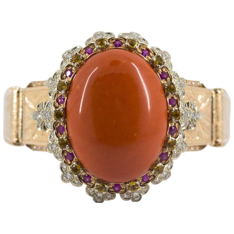 Mediterranean Red Coral Ruby Yellow Sapphire Diamond Yellow Gold Bracelet at 1stDibs