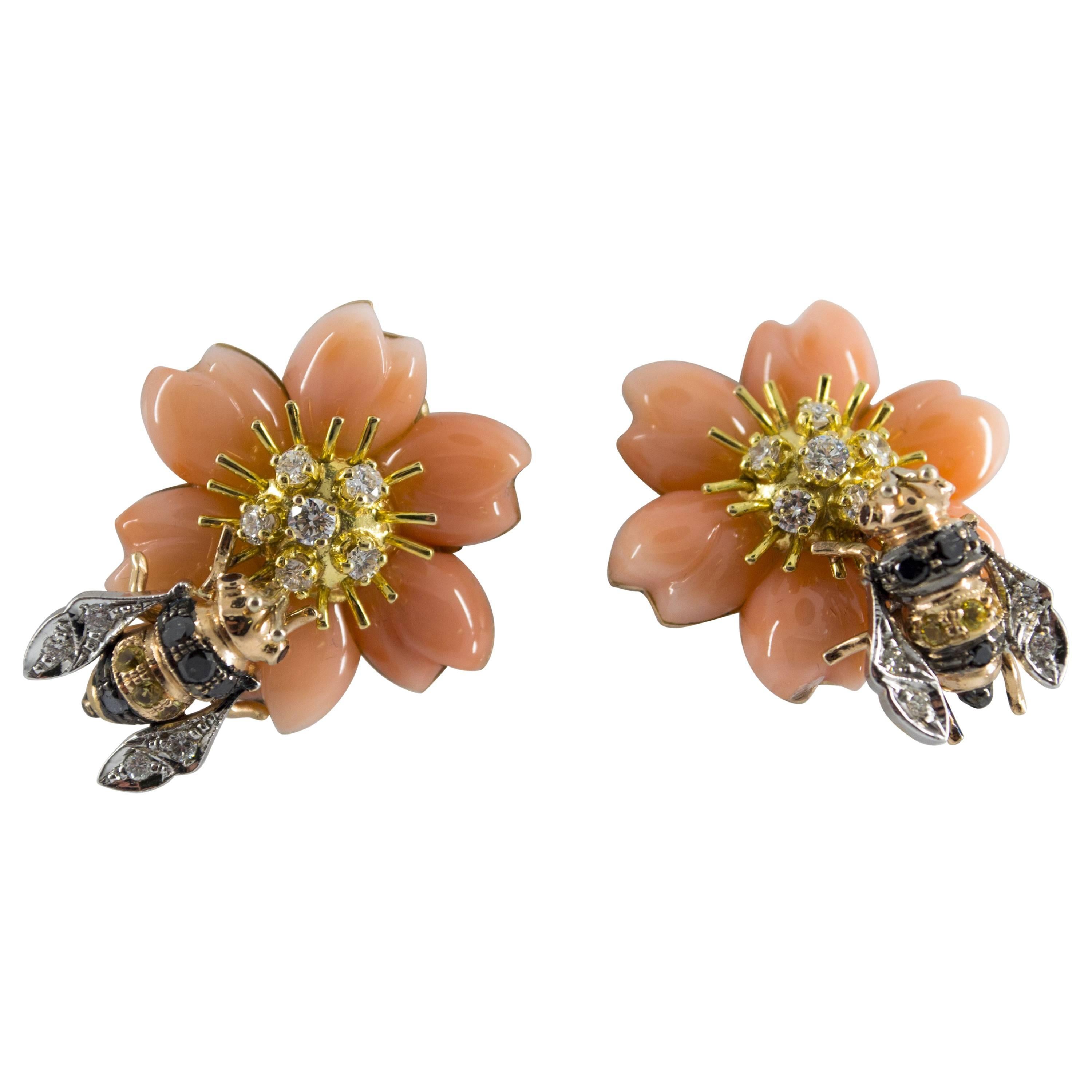 Pink Coral Yellow Sapphire Diamond Yellow Gold "Bee on Flower" Clip-On Earrings