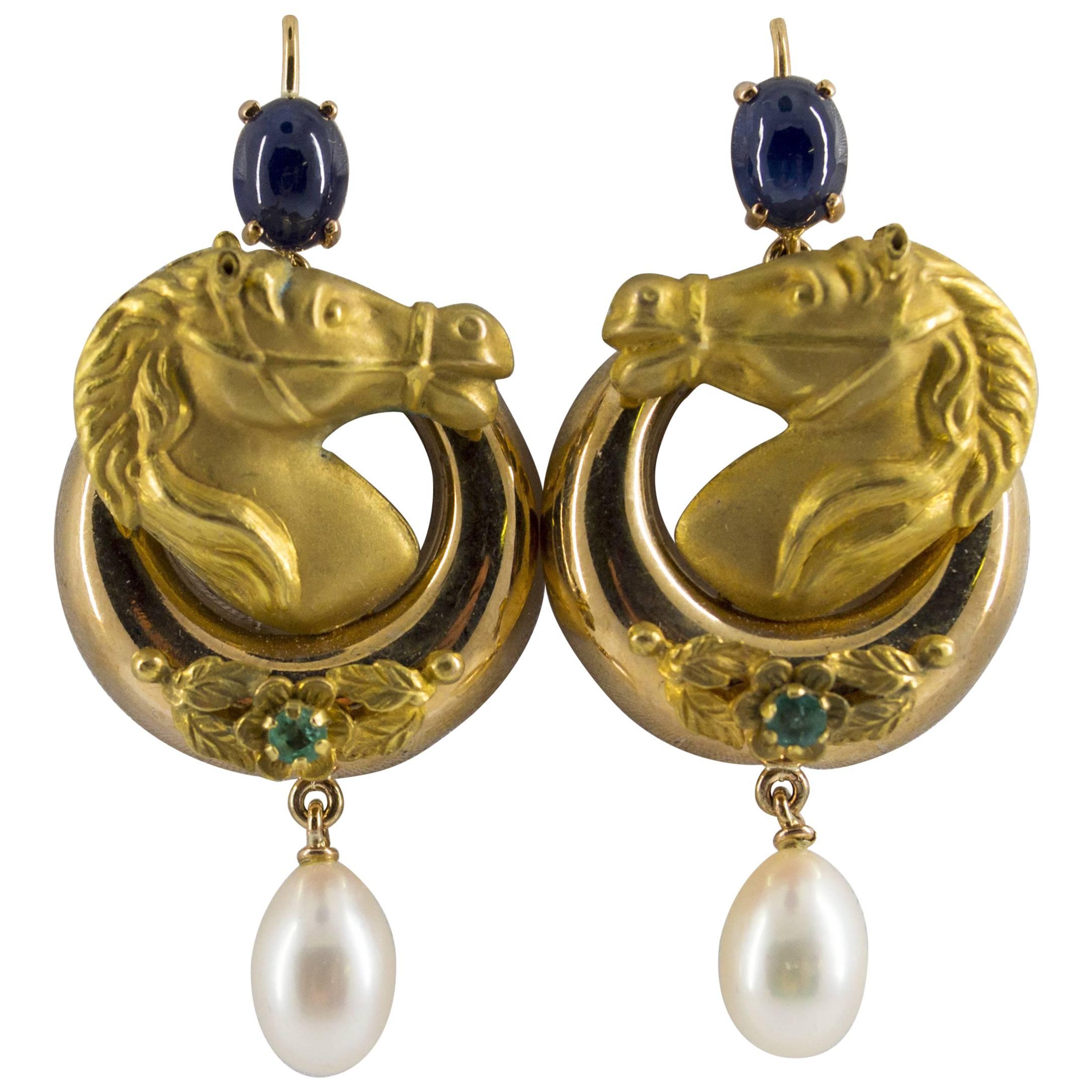 Pearl 2.30 Carat Emerald Blue Sapphire Yellow Gold Stud Drop "Horses" Earrings