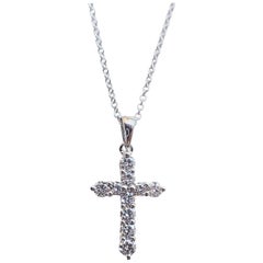 18 Karat White Gold Thin Cross Pendant Necklace with 0.37 Carat of Diamond 