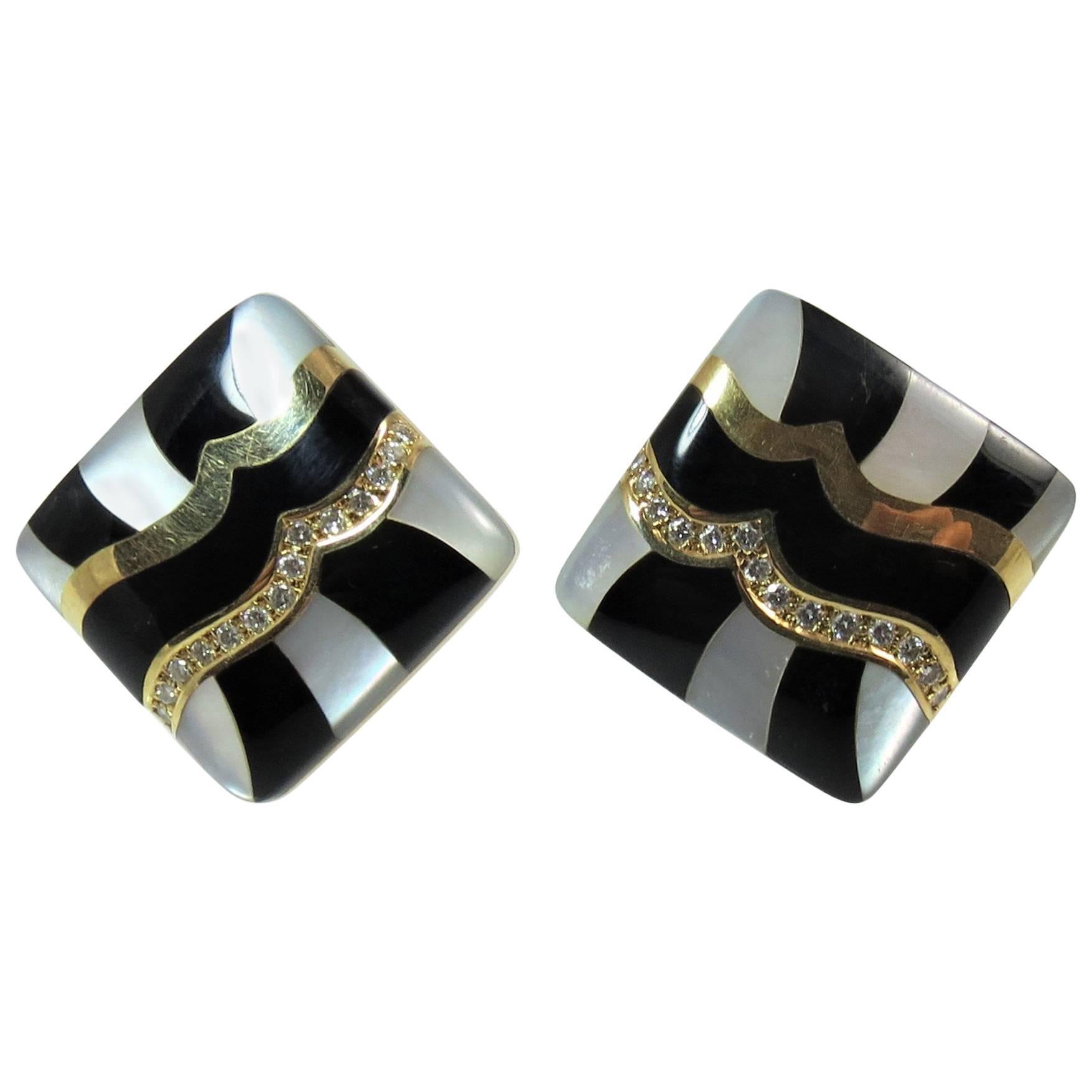 Asch Grossbardt 14 Karat Gold, Diamond, Black Onyx and Mother-of-Pearl Ear Clips For Sale