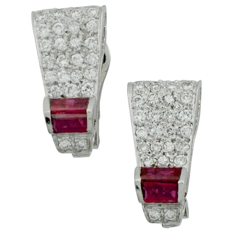 1940s Platinum and Gold Ruby and Diamond Earrings
