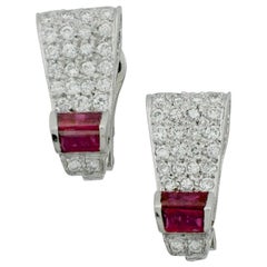 Retro 1940s Platinum and Gold Ruby and Diamond Earrings