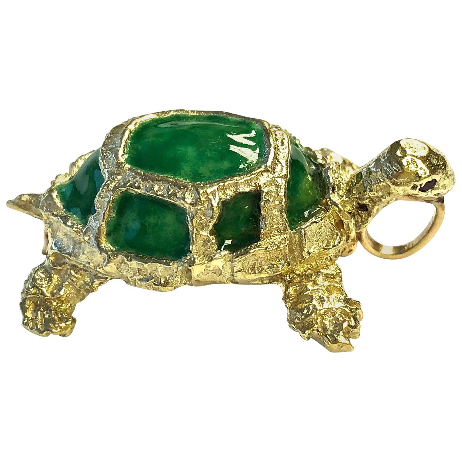 Vintage Enamel and Gold Turtle Pin Pendant