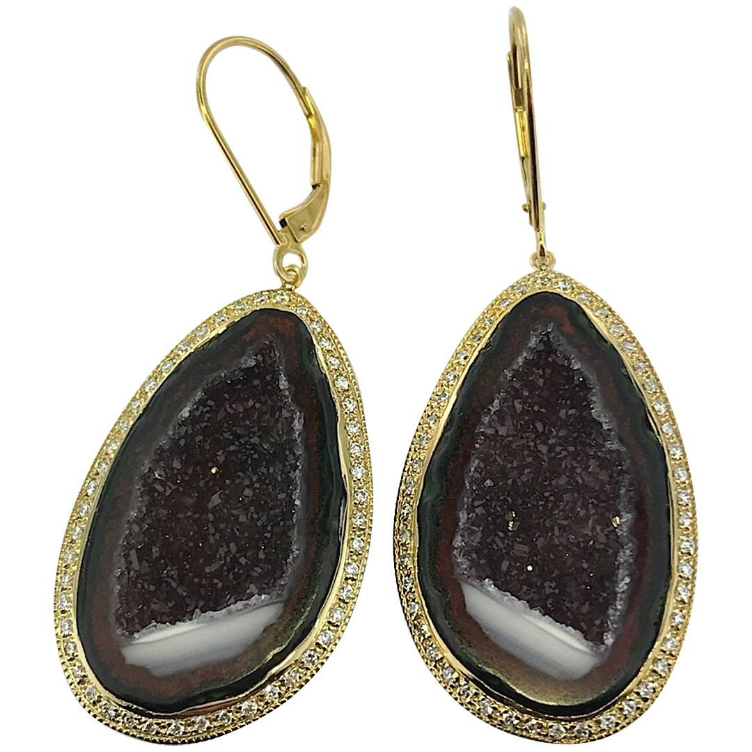 Geode Drop Earrings Set in 14 Karat Yellow Gold with .75 Carat Total of Diamonds For Sale