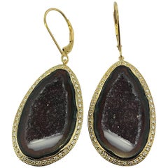 Geode Drop Earrings Set in 14 Karat Yellow Gold with .75 Carat Total of Diamonds