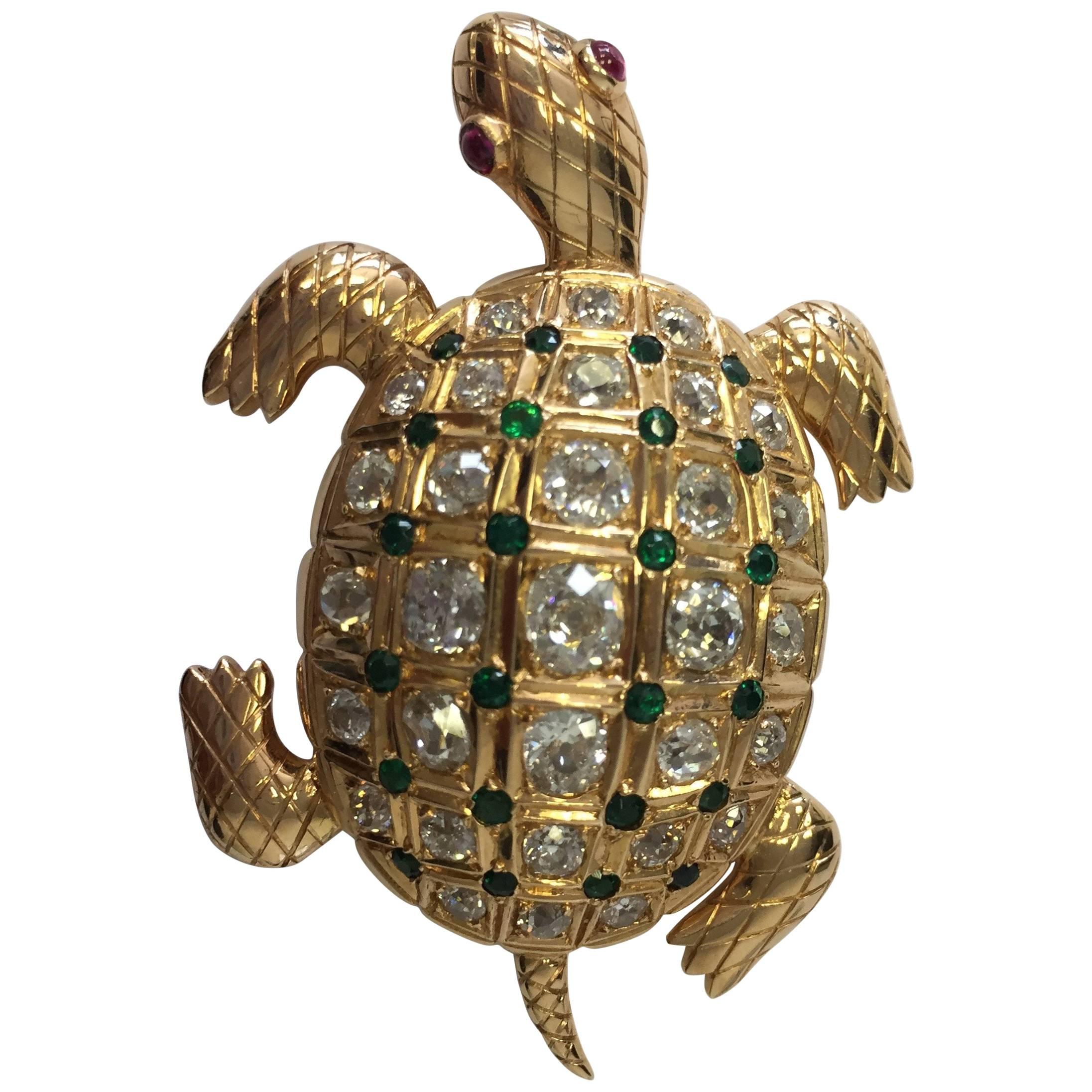 Estate Turtle Slider Pendant with Diamonds, Tsavorites, and Tourmalines in 18kg