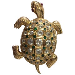 Estate Turtle Slider Pendant with Diamonds, Tsavorites, and Tourmalines in 18kg