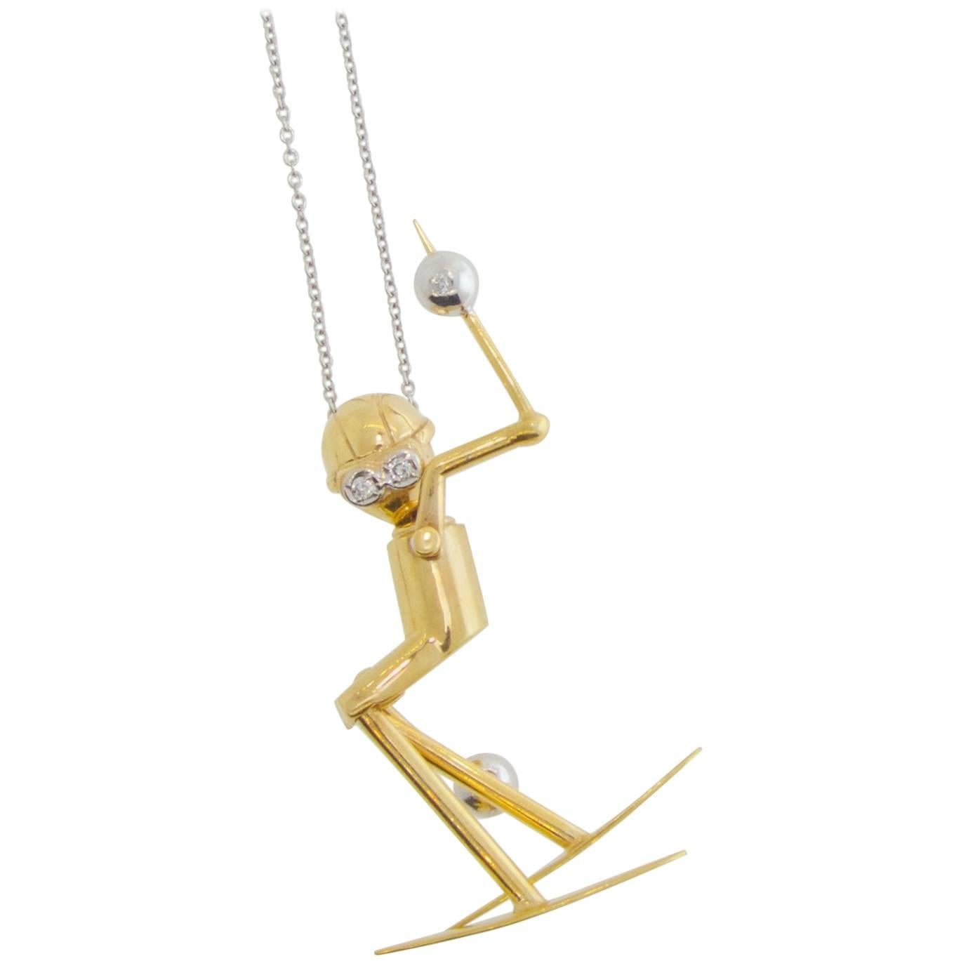 Skier Pendant in Gold with Diamond Accents