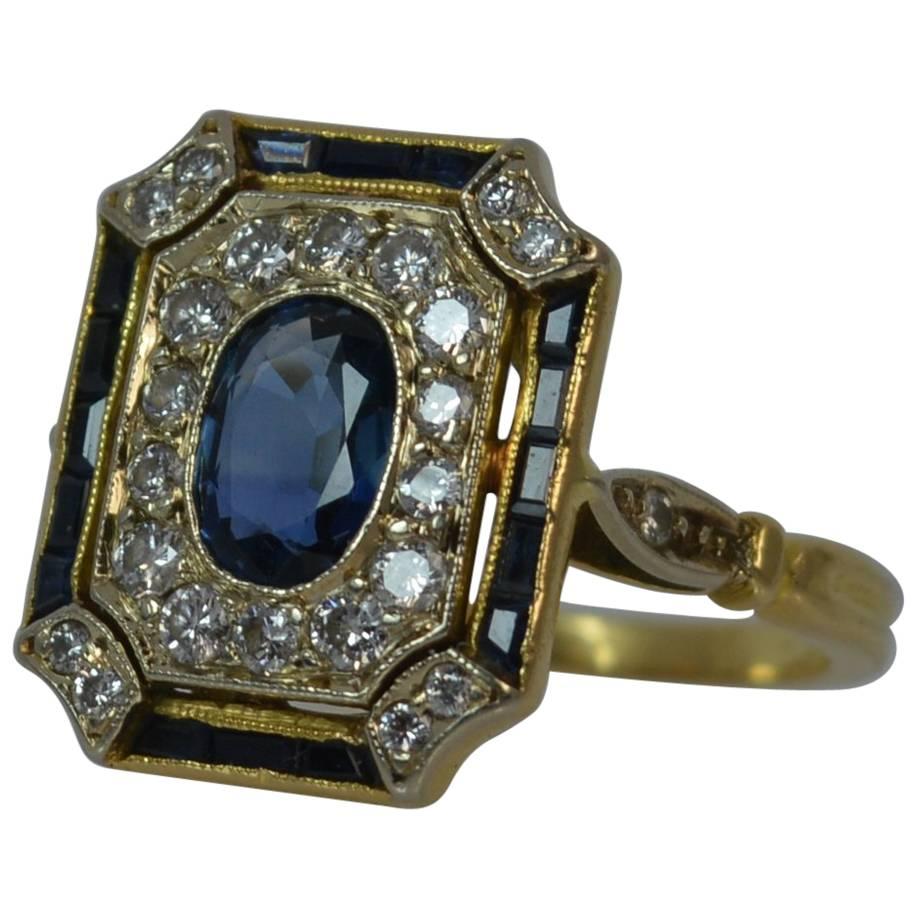 Sapphire and Diamond 18 Carat Gold Panel Cluster Ring