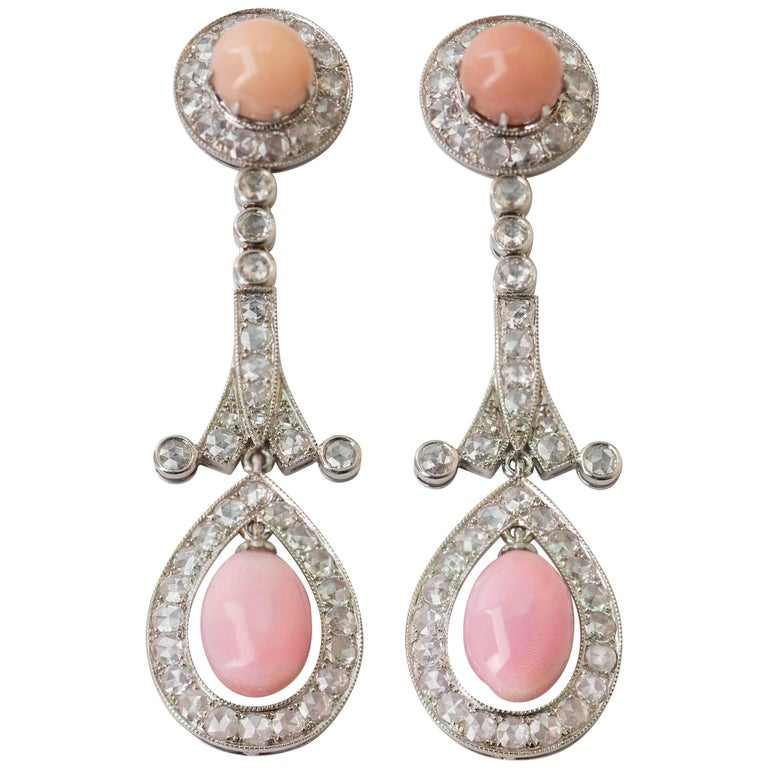Conch Pearl and Diamond 18 Karat White Gold Drop Earrings at 1stDibs