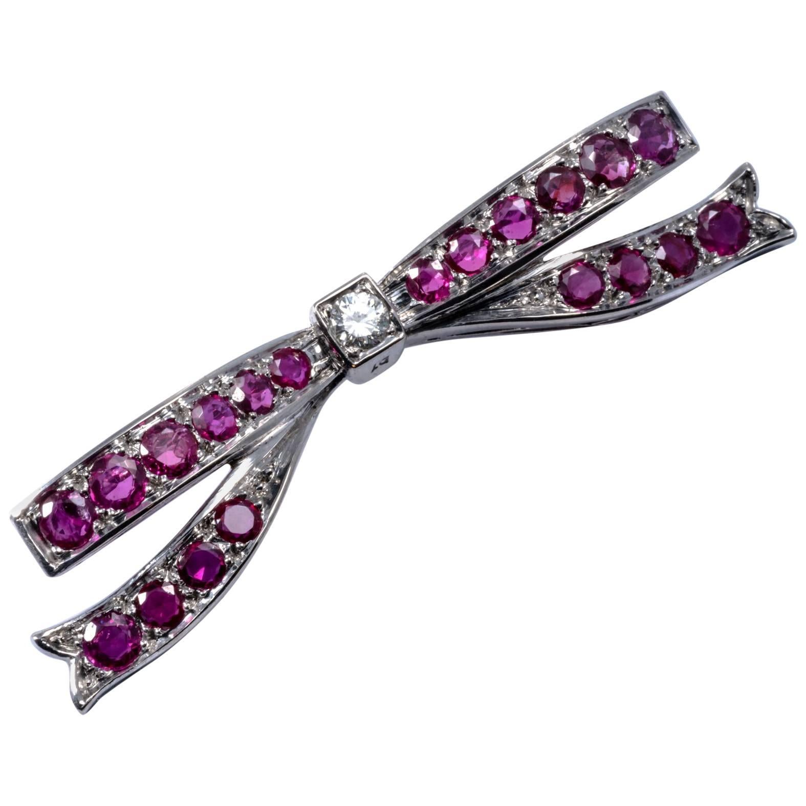 1950 Ribbon Ruby Diamond Platinum Pin Brooch Necklace Enhancer For Sale