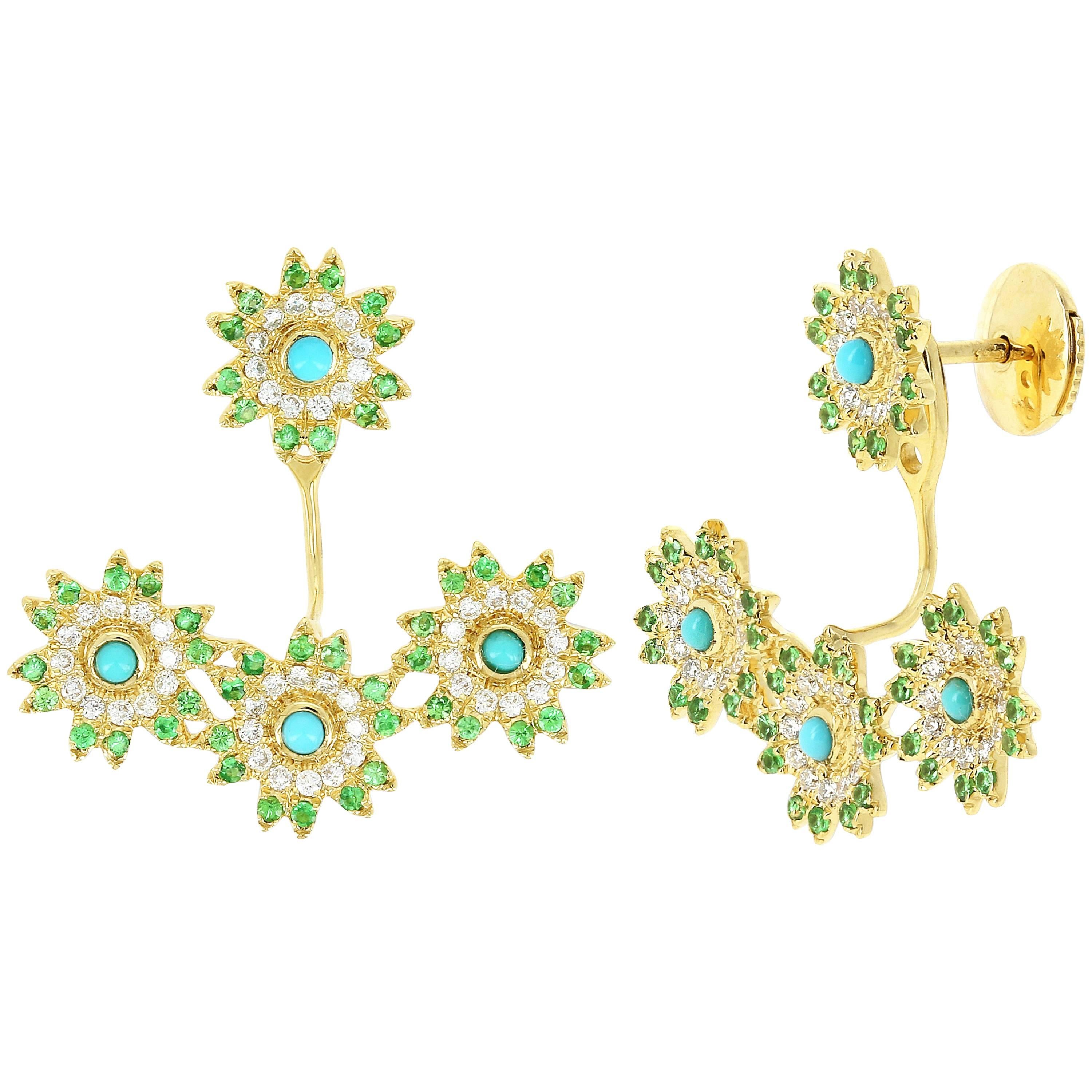 Yvonne Leon's Earring in 18 Karat Gold with Diamonds, Turquoise, Tsavorites