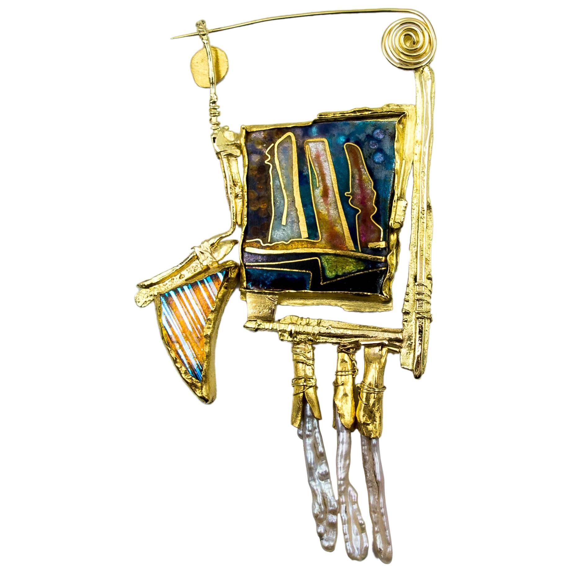 William Harper Cloisonne Enamel Silver Gold Pearl "Aurora Borealis #1" Brooch