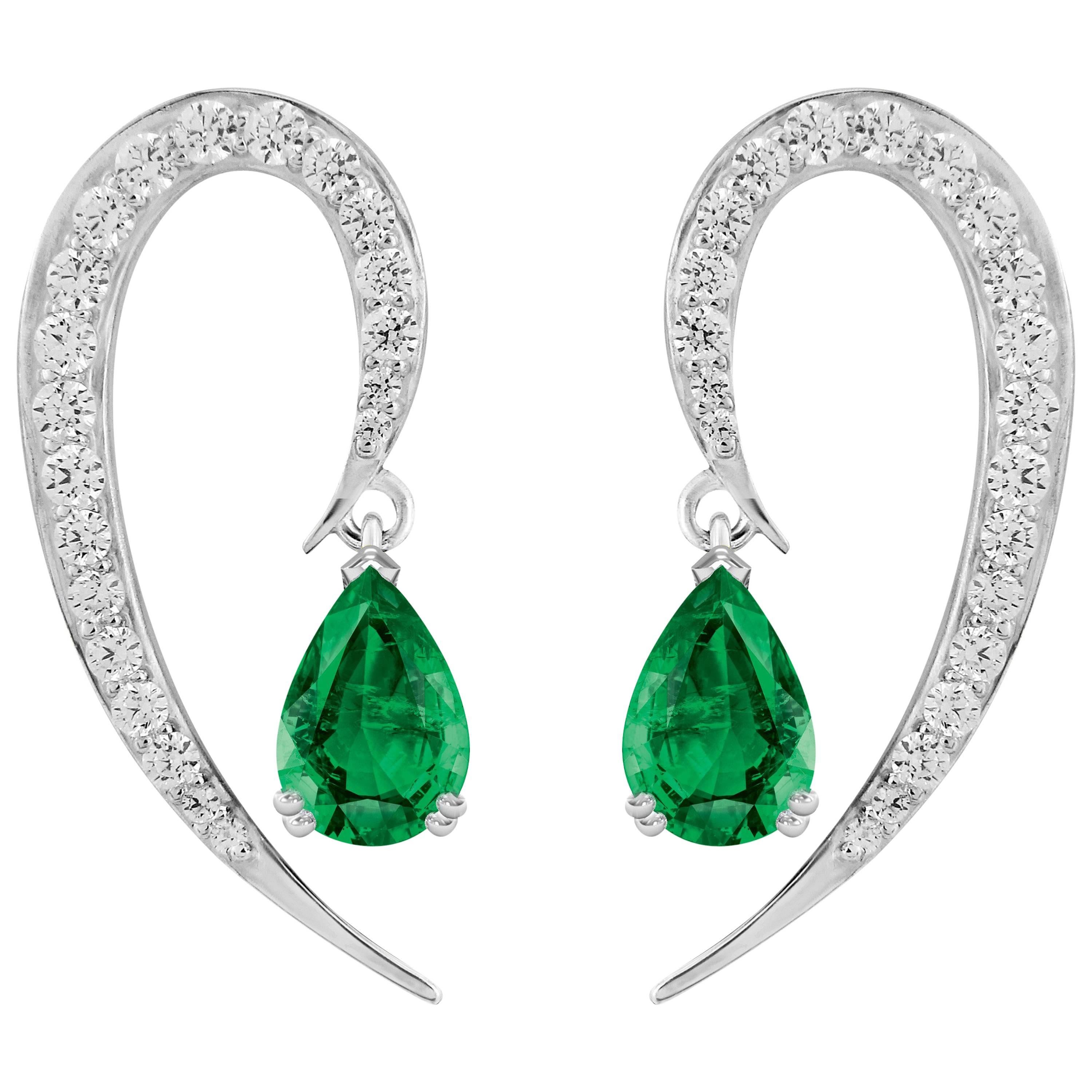 Liv Luttrell Full Curve White Gold and Diamond Emerald Earrings For Sale