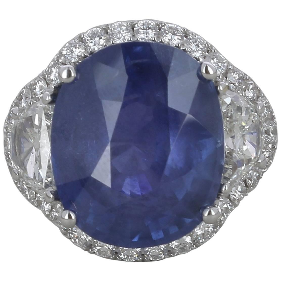 GRS Certified Blue Oval Non Heated Sri Lanka 15.96 Carat Sapphire Ring