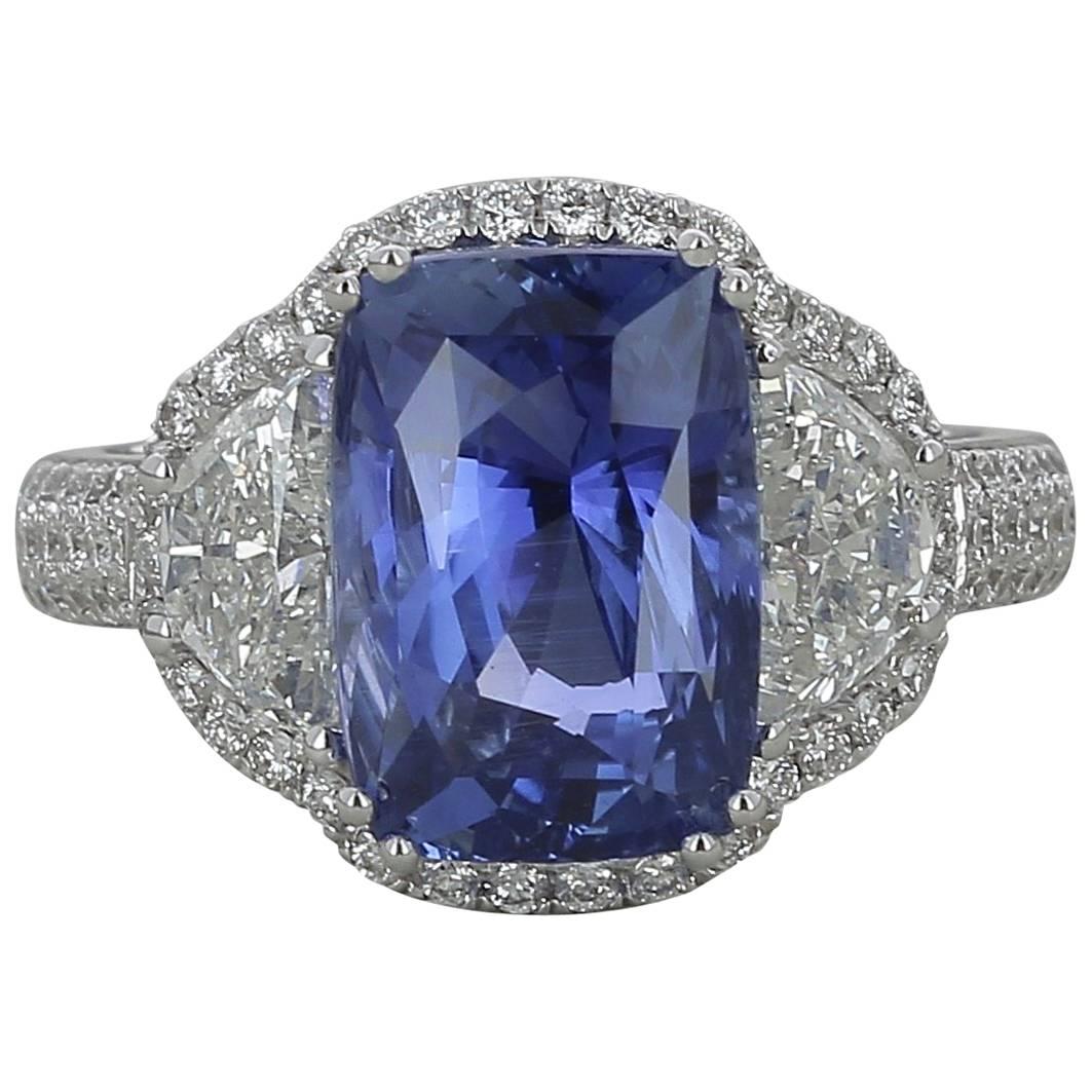 6.77 Carat Natural Ceylon Blue Sapphire Ring Half-Moon/Round Diamond 18K Gold  For Sale