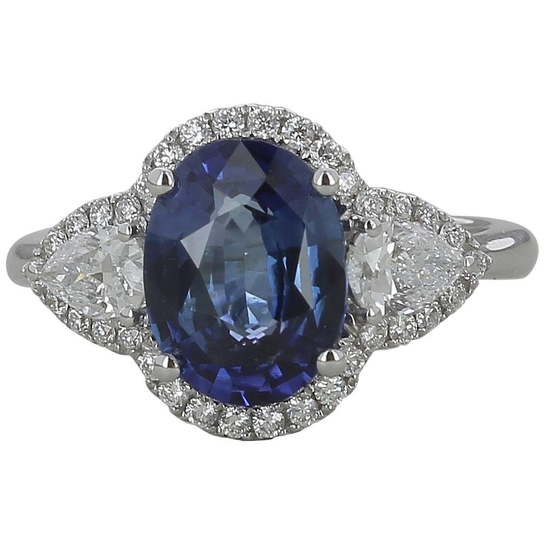 3.18 Carat Oval Natural Blue Sapphire Cocktail Ring Pear/Round Diamonds 18K Gold