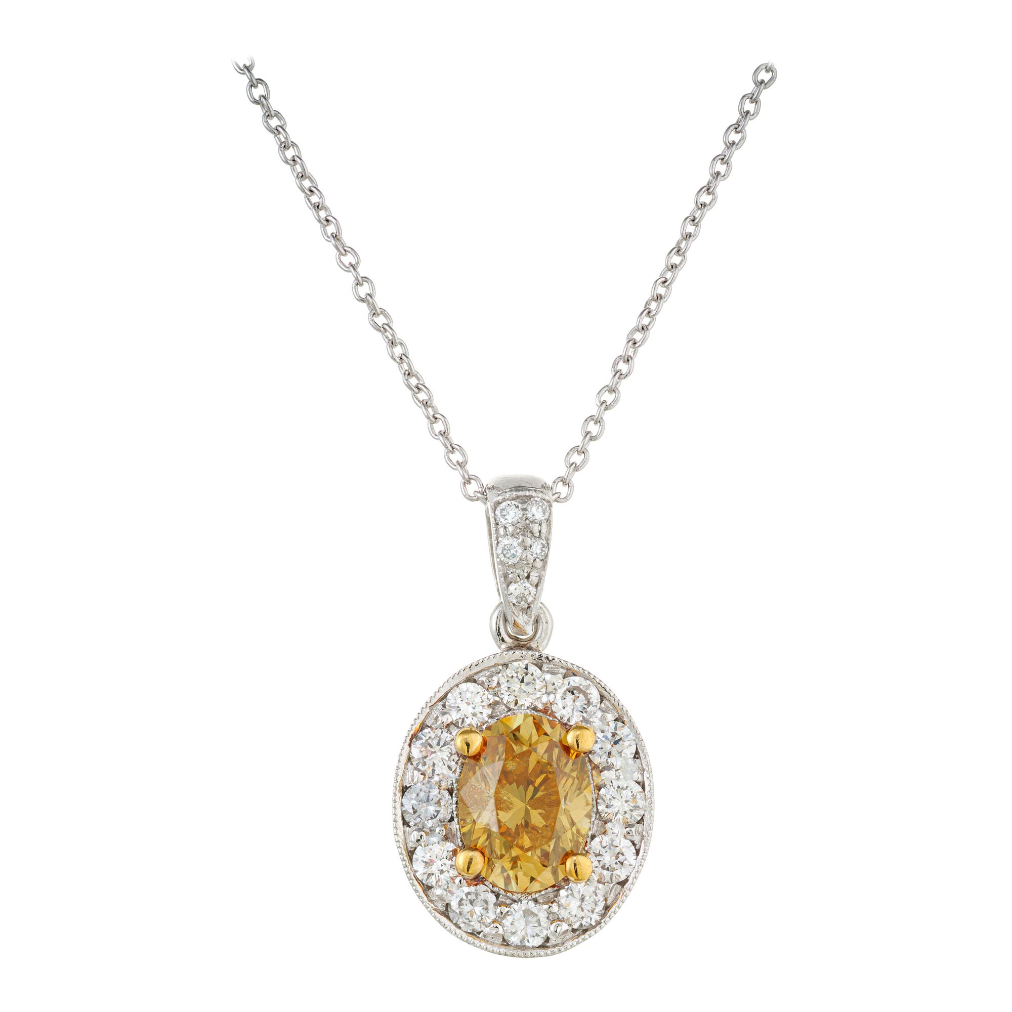 GIA Certified .77 Carat Orange Yellow Fancy Diamond Platinum Pendant Necklace For Sale