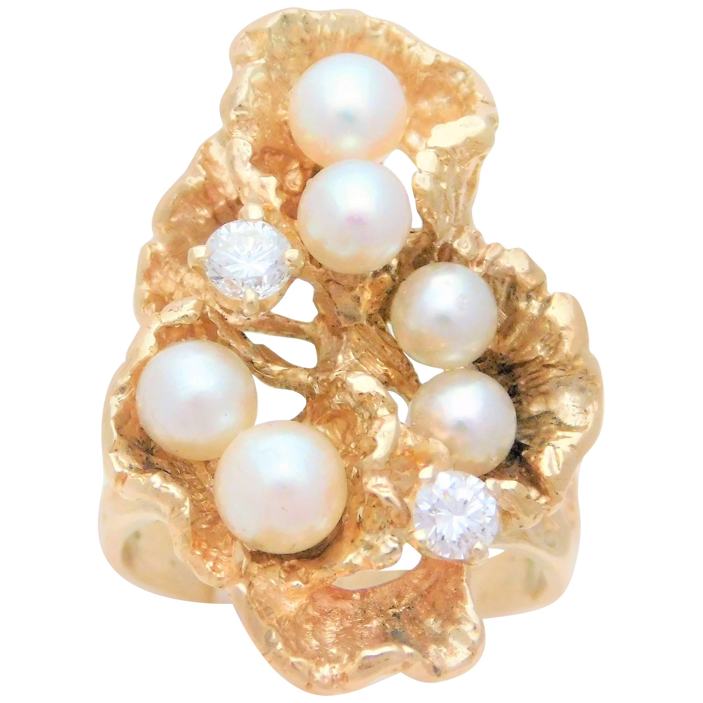 Handmade 14 Karat Diamond and Pearl “Oyster” Ring For Sale
