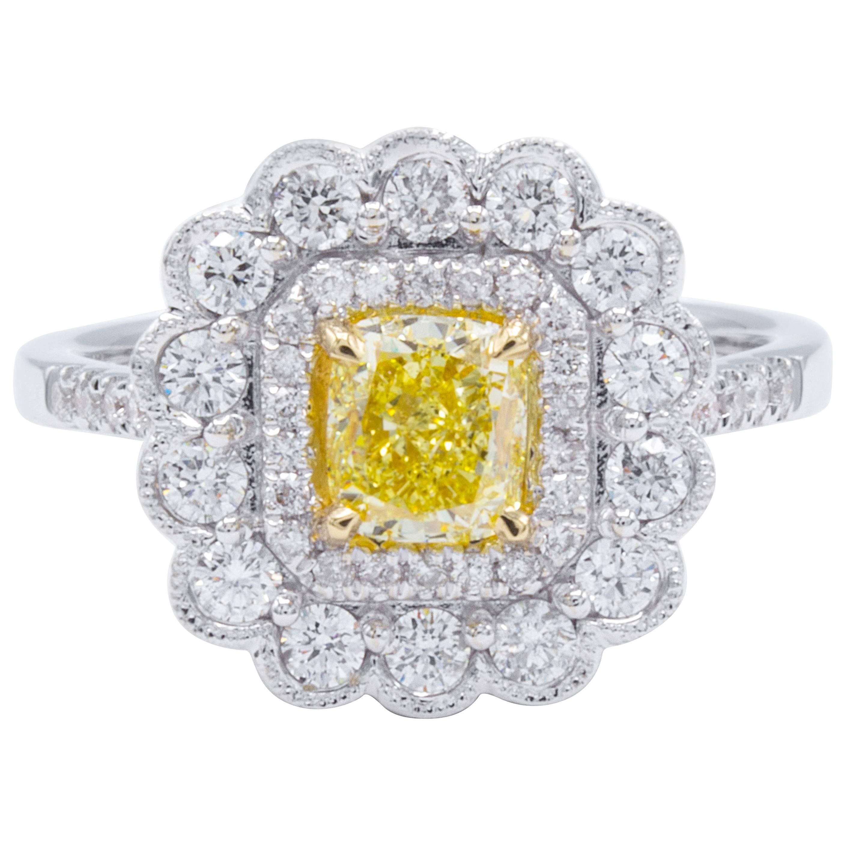 David Rosenberg .76 Natural Fancy Yellow Cushion Cut GIA Diamond Engagement Ring