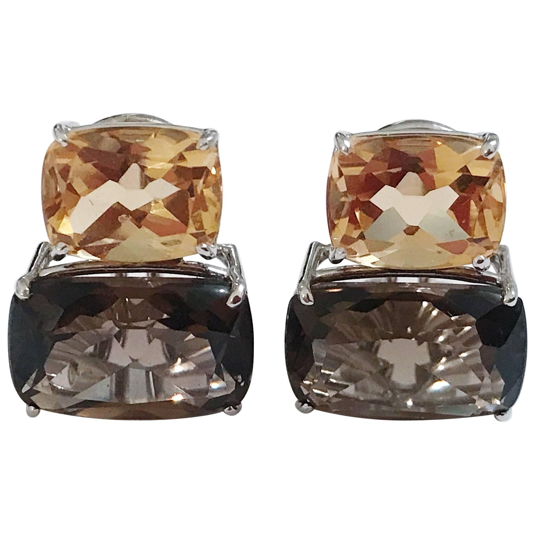 White Gold Double Cushion Earrings with Citrine and Smokey Topaz For Sale