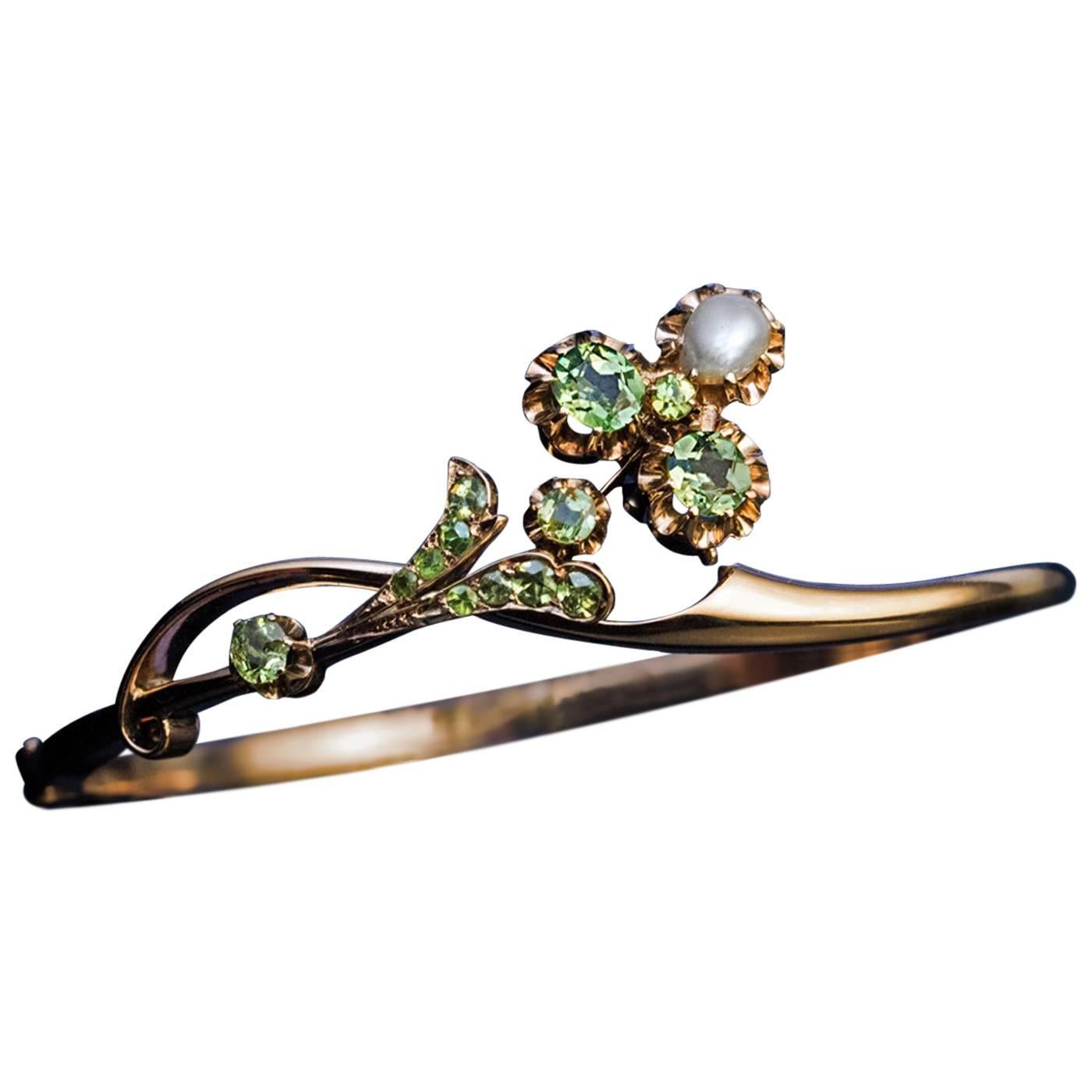 Antique Art Nouveau Russian Demantoid Pearl Gold Bangle Bracelet
