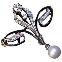 Antique Russian Art Nouveau Diamond Pearl Brooch