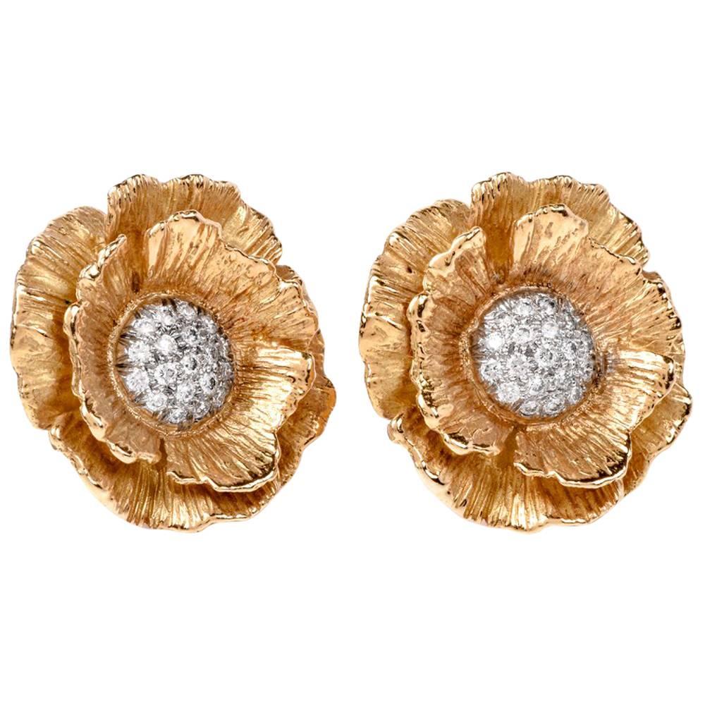 These enchanting Vintage diamond flower earrings in 18-karat textured matted yellow gold are made  by Mish Tworkowski of Manhatten , bearing the designer's signature 'MISHNY' on reverse. Designed in contemporary style, referred to by the artist as