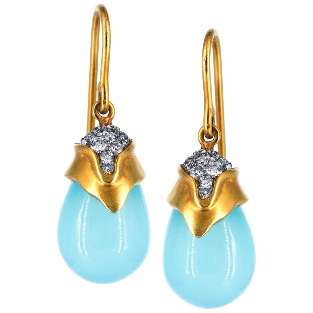 Lauren Harper Chalcedony, .41 Carat Diamonds, 18 Karat Gold Drop Earrings