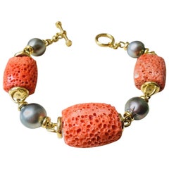 Mazza Designer 14 Karat Gold Coral Tahitian Pearl Diamond Bracelet