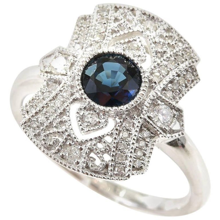 Sapphire Art Deco Style Diamond 18 Carat White Gold Dress Ring Sapphire Art Deco Style Diamond 18 Carat White Gold Dress Ring