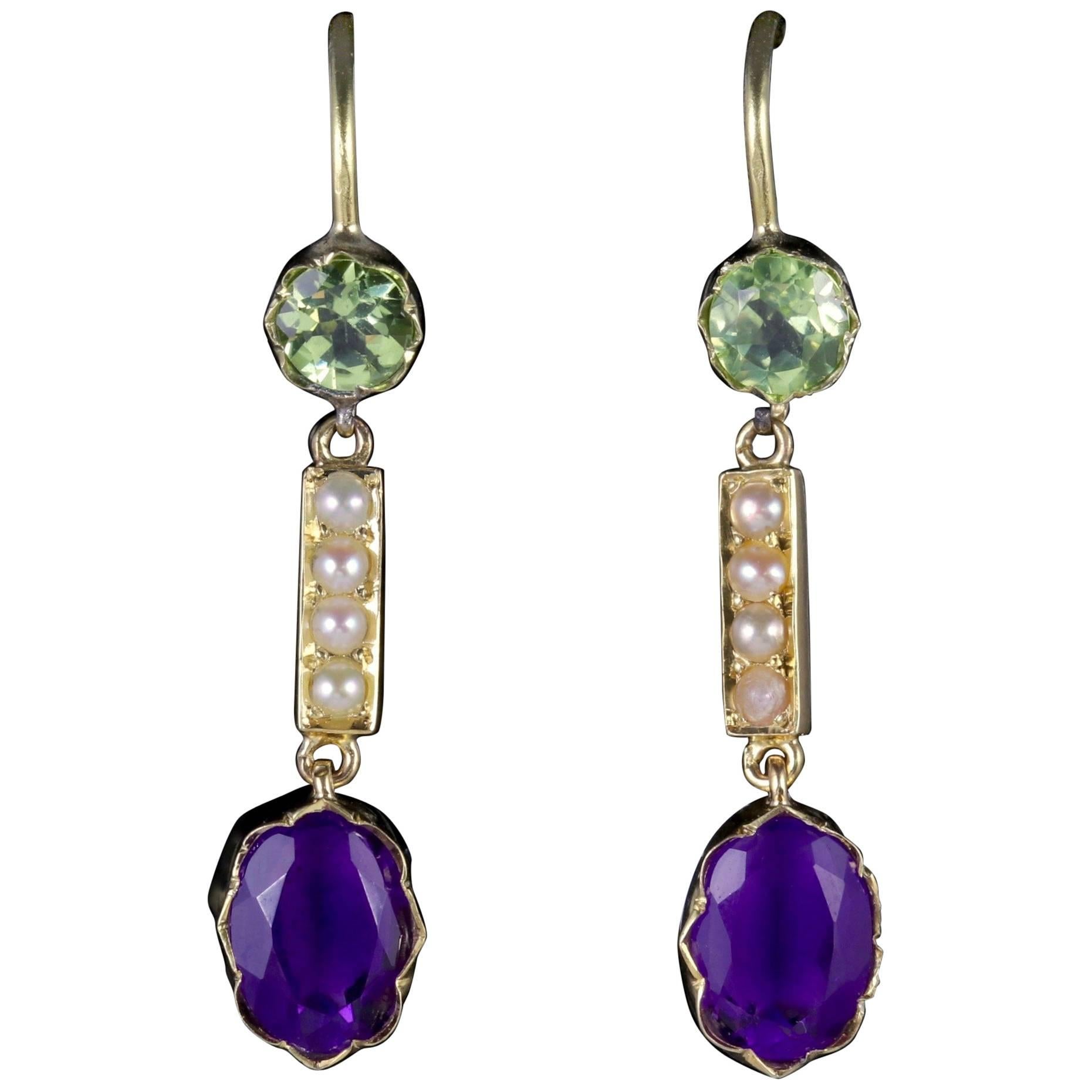 Antique Victorian Suffragette Earrings 15 Carat Gold Amethyst Peridot Pearls