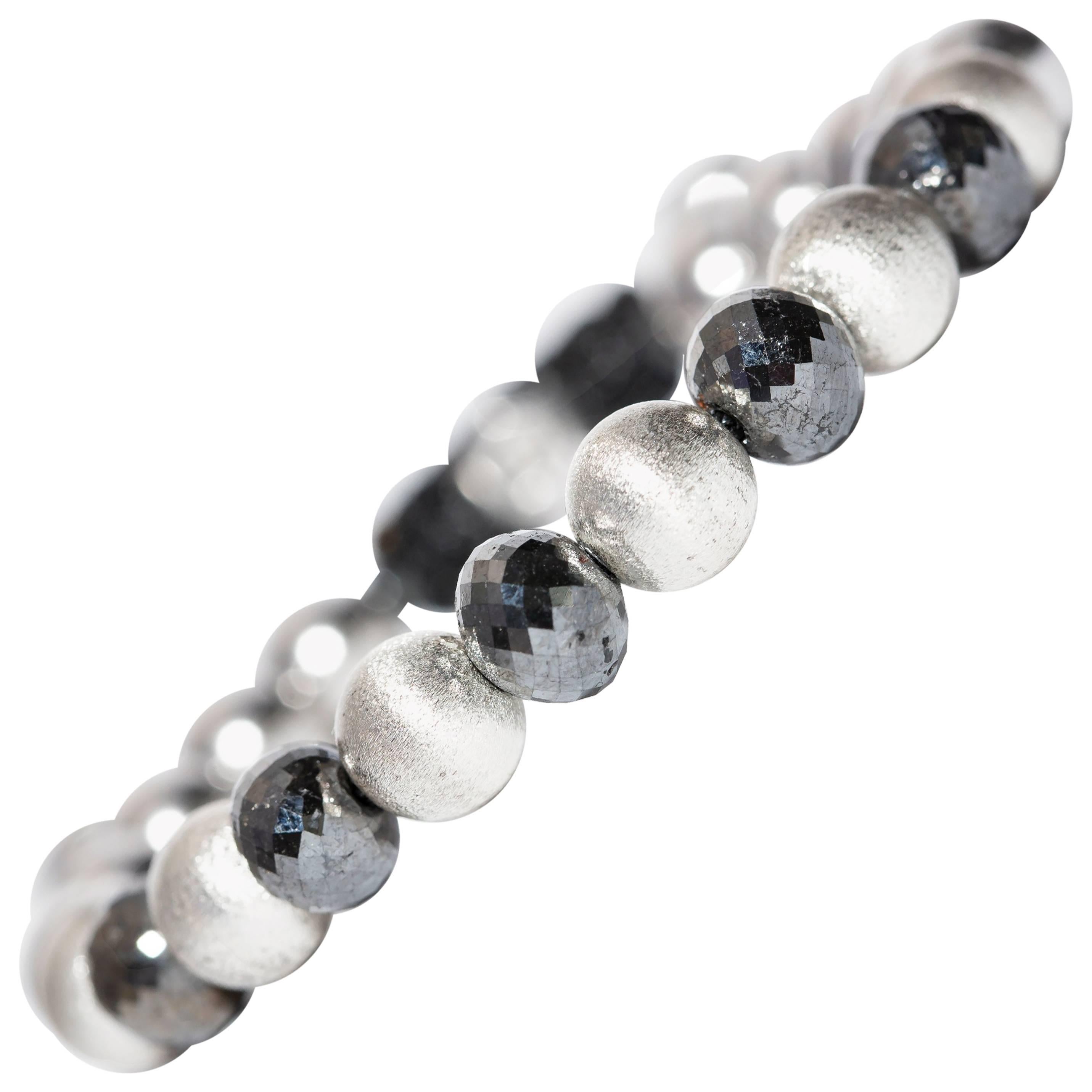 Bespoke 17.95 Carat Black Diamond Silver Stainless Steel Macrame Bead Bracelet  For Sale