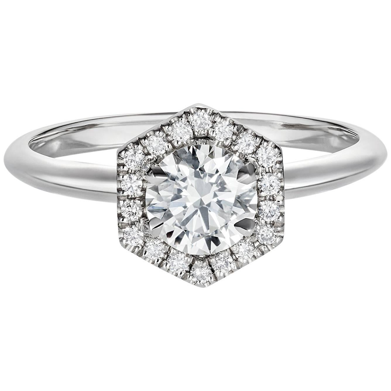 Rachel Boston 18 karat White Gold White Round Diamond Halo Engagement Ring For Sale