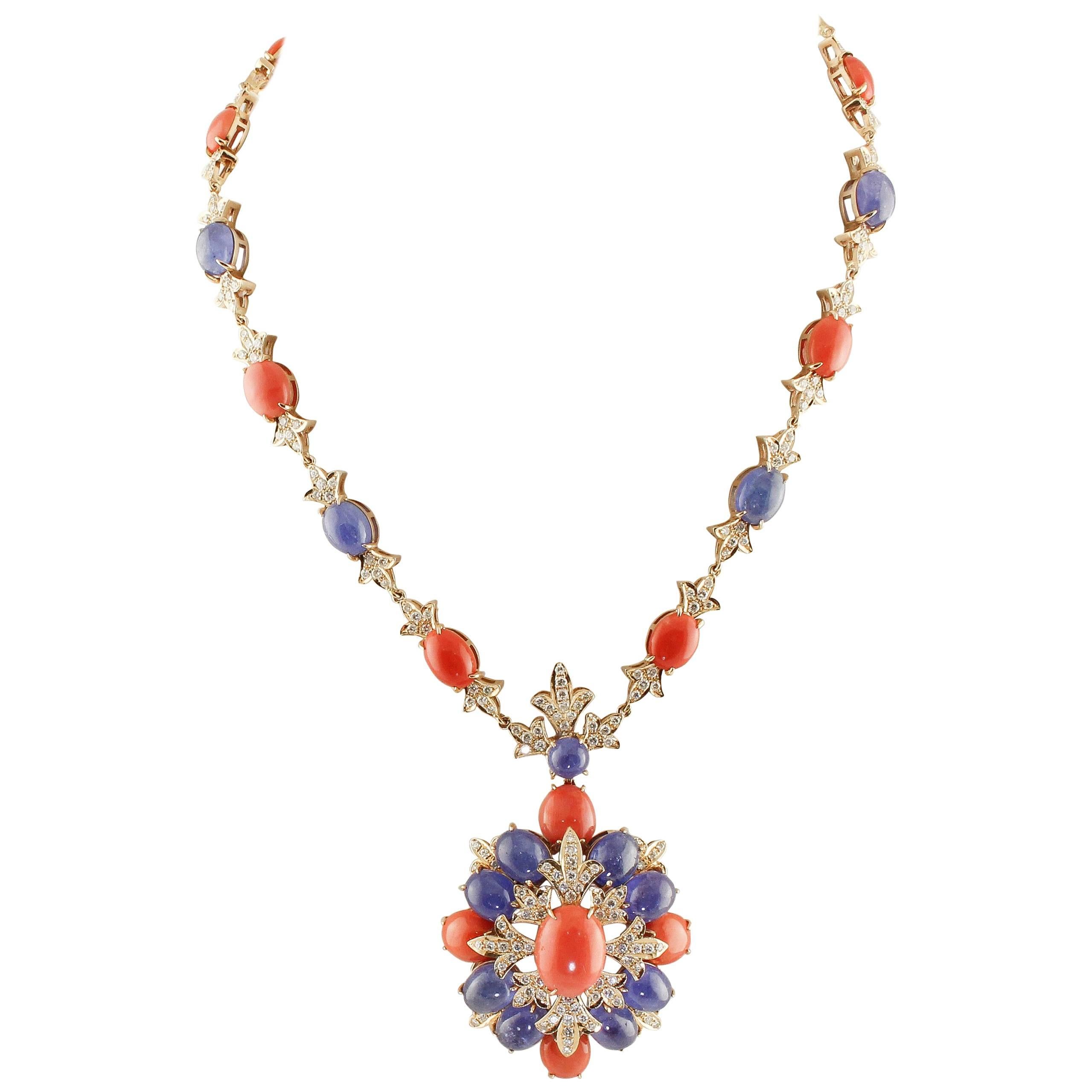 Diamonds Coral Tanzanite Rose Gold Pendant Necklace
