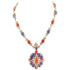 Vintage Diamonds Coral Tanzanite Rose Gold Pendant Necklace