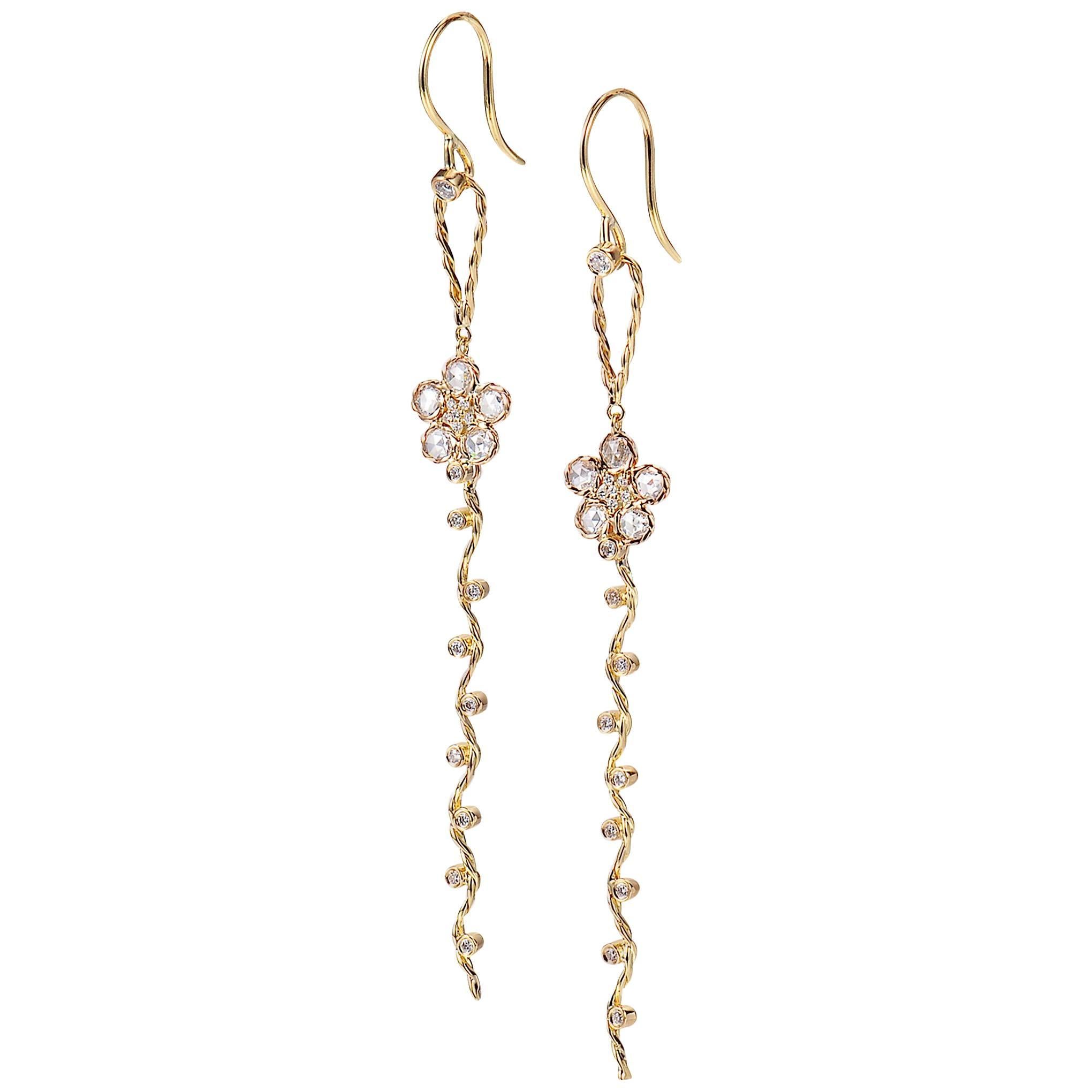 Persephone 18K Rose-Cut Diamond Flower & Vine Detachable Dangle Earrings  For Sale