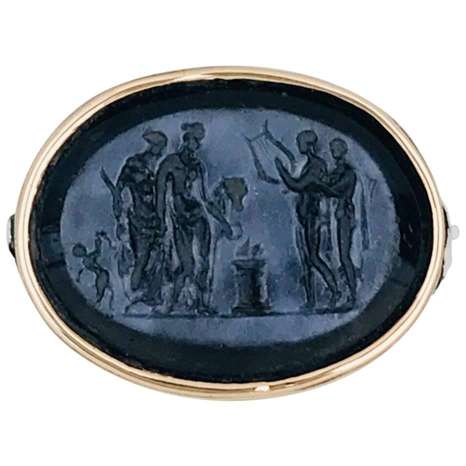 14 Karat Tri-Color Gold Ring, Intaglio Engraved, Oval Onyx Mythological Scene