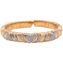 18 Karat Rose Gold and White Gold Diamond Cuff Bracelet, Heart Motif