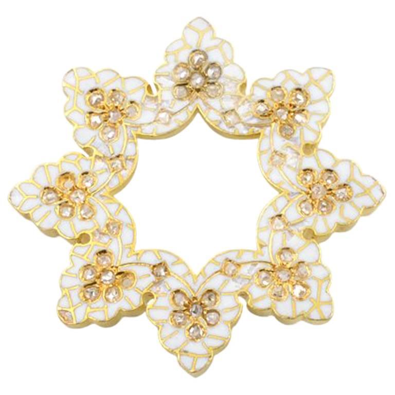 Victorian White Enamel 18 Karat Gold Snowflake Brooch with Rose Cut Diamonds For Sale