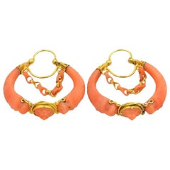 Antique Victorian 18 Karat Gold and Carved Coral Hoop Earrings