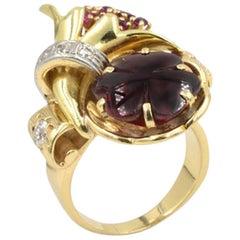 Retro Carved Garnet, Diamond and Ruby 14 Karat Gold Ring