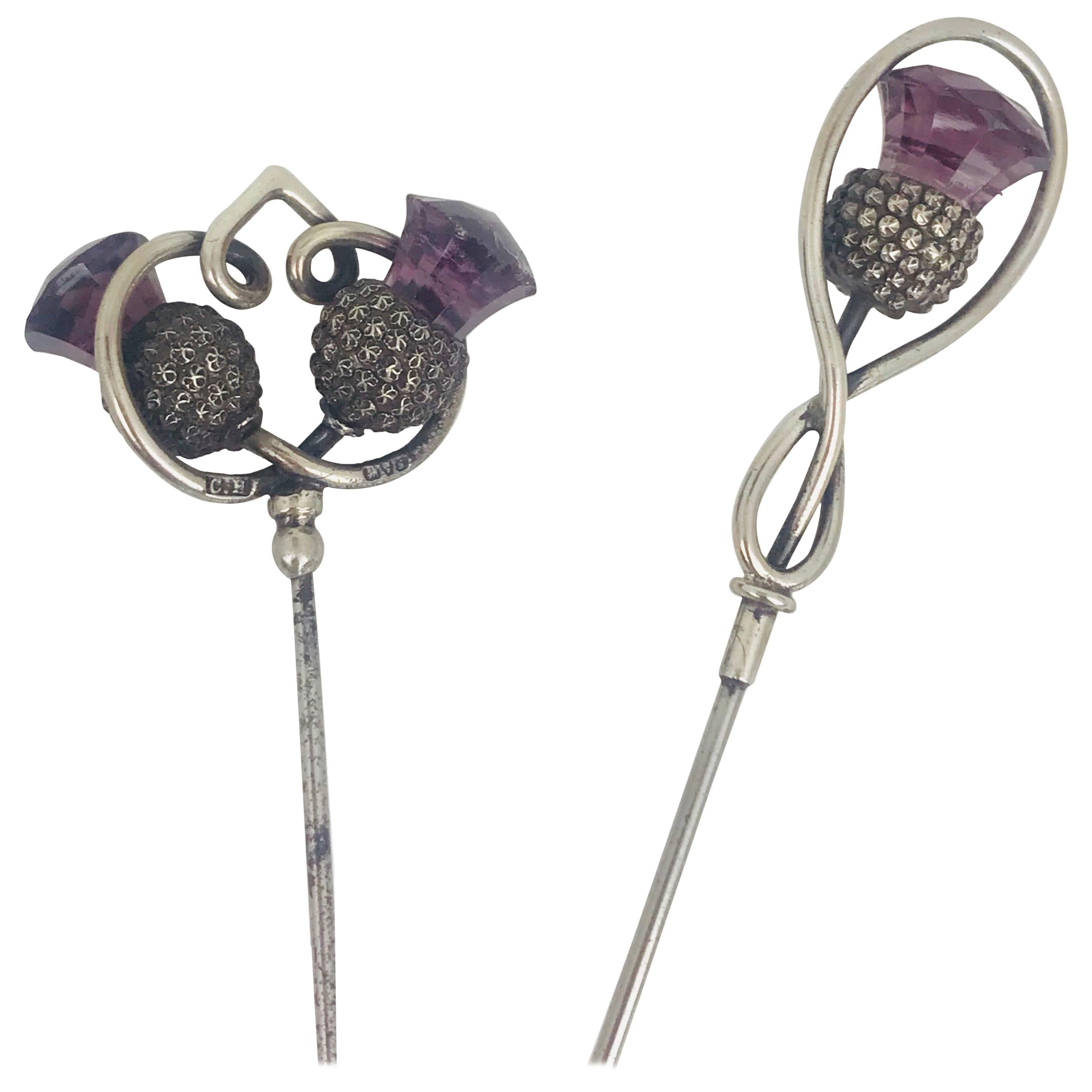 Charles Horner, Victorian Two Hat Pins, Sterling Purple Colored, circa 1860 For Sale