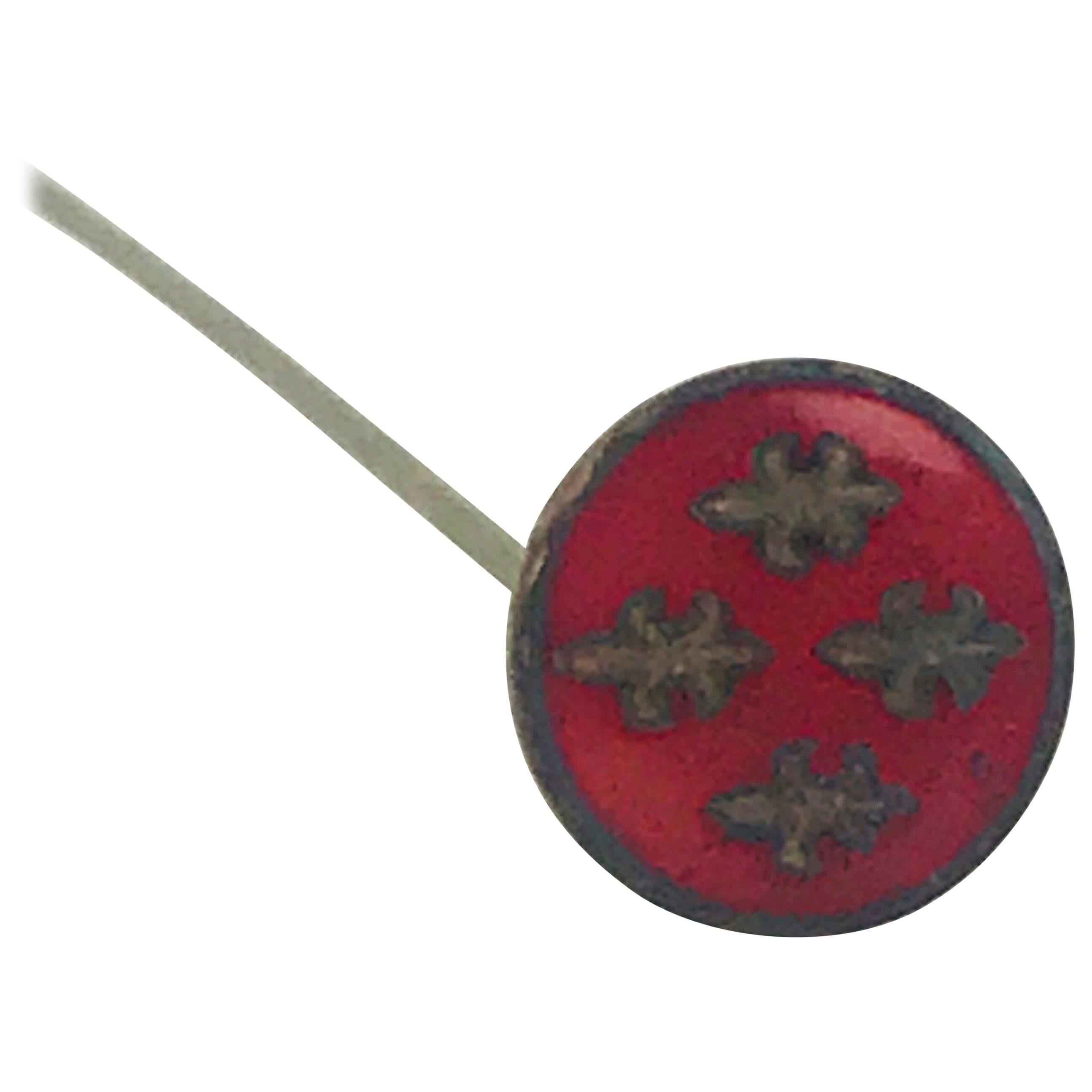 1860s Belle Epoque French Hat Pin, Red Enamel Fleur de Lis For Sale
