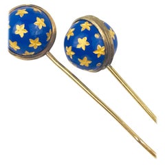 Antique French Set of Hat Pins, Celestial Star Colbolt Blue Gold Enamel, WH Hallmarked