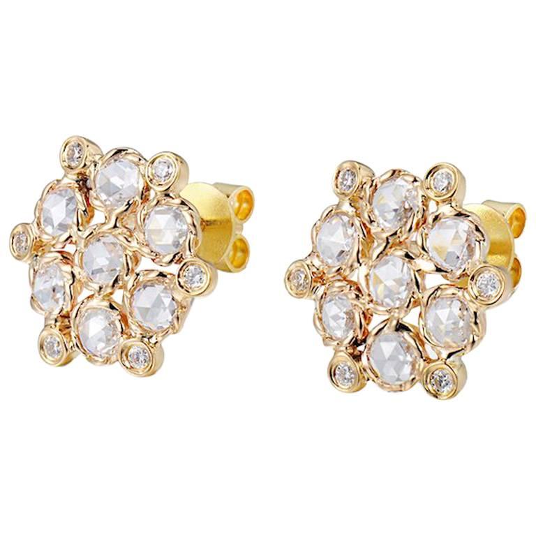 Aphrodite 18 Karat Gold Rose-Cut Diamond Cluster Stud Earrings For Sale