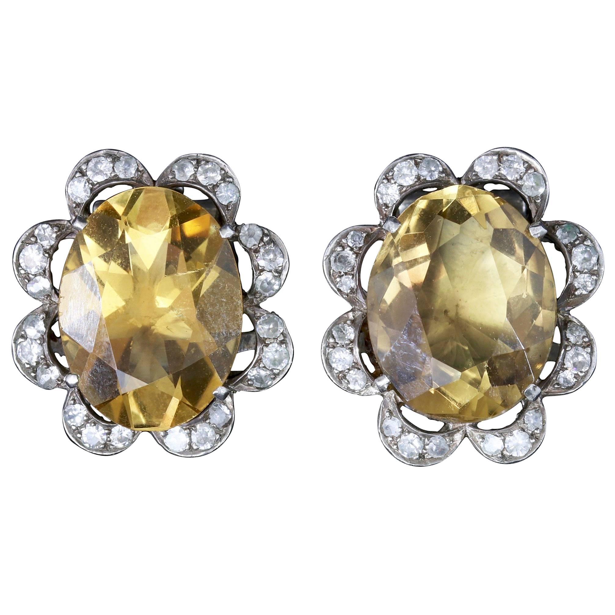 Antique Victorian Citrine Earrings Silver Clip Earrings, circa 1900 For Sale