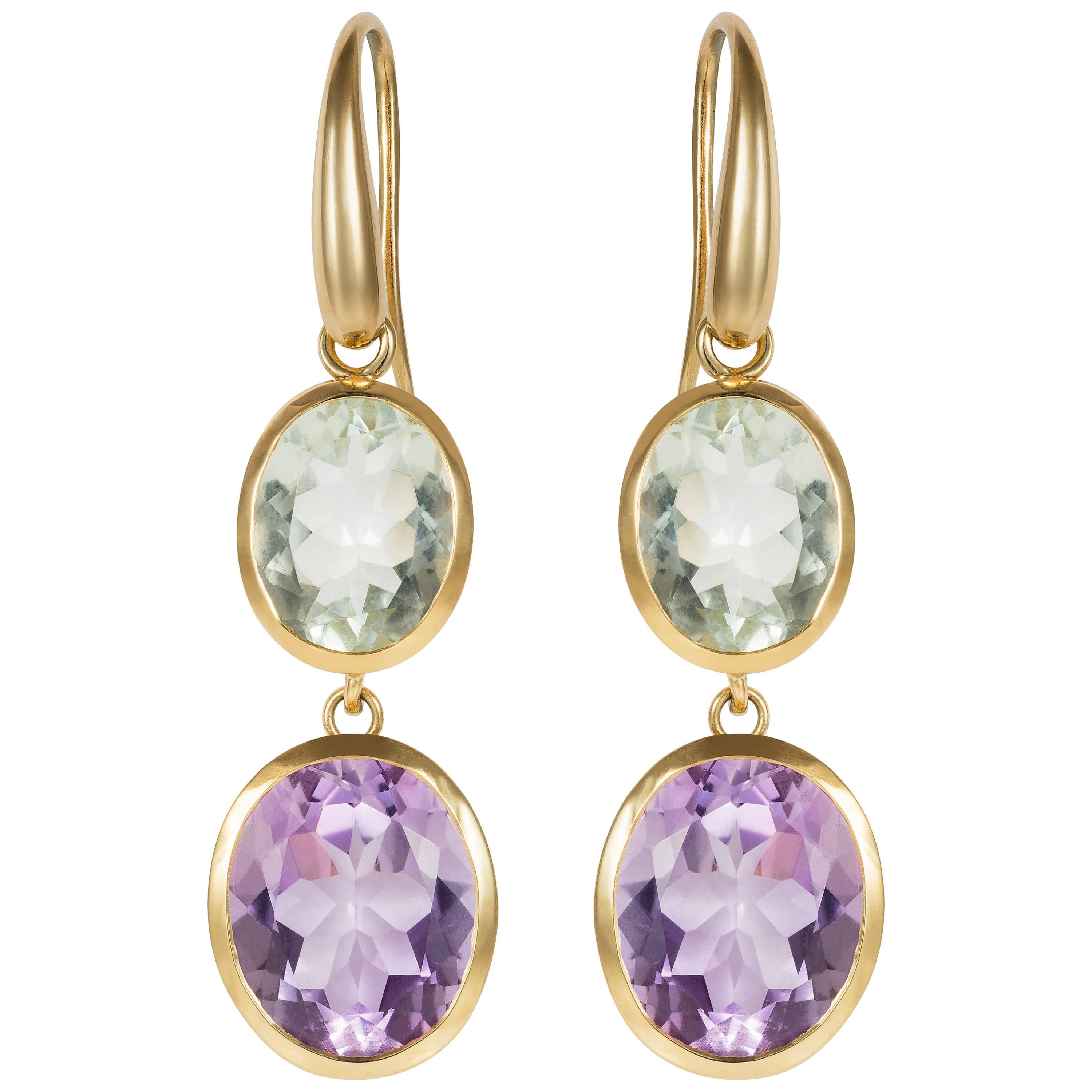 Yellow Gold Purple and Green Amethyst Double Drop Earrings 